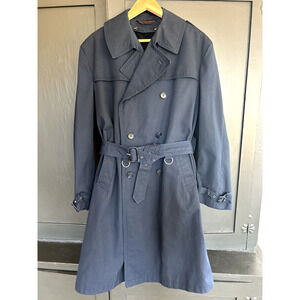 Vintage 70s Towncraft Navy Trench Coat | 42R Large | Faux Fur Lined